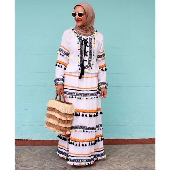 Dodo Bar Or Striped Pom Pom Maxi Dress Multi‎ Color Medium Boho Festival NEW - Picture 10 of 12